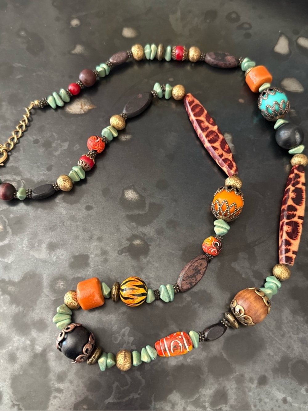 Chico’s Boho Multi-Bead Necklace in Orange & Turquoise w/ Leopard Wood Beads